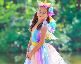 Magisches goldenes Regenbogen-Einhorn-Kostümkleid für Mädchen