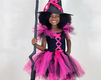 Girls Deluxe Witch Trio Tutu Costume Dress Hat Broom Set