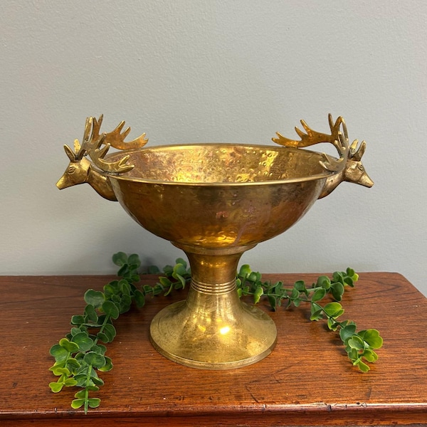 Vintage Brass Stag Head Pedestal Bowl, Hammered Brass Deer Antler Centerpiece, Hollywood Regency Lodge Decor,