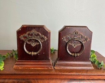 Vintage Wood Bookends with Brass Ring Handles, Traditional Desk Decor, Classic Library Book Ends, Dark Wood Office Decor