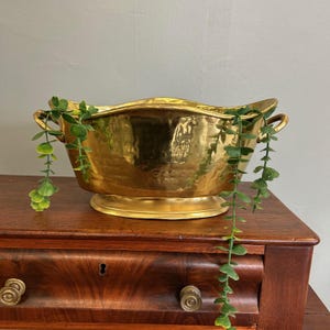 Vintage Hammered Brass Planter Bowl with Handles, Large Brass Cache Pot, Hollywood Regency Brass Centerpiece, Champagne Wine Bucket Style