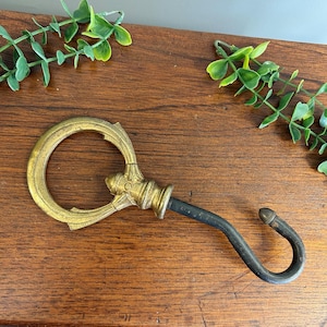 Vintage Brass Fireplace Flue Opener Pull Handle Decorative Hearth Tool Brass & Iron Damper Hook Rustic Farmhouse Decor