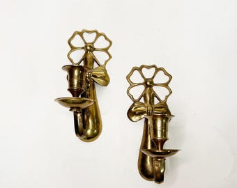 Vintage Brass Bow Wall Candle Sconces Pair Hollywood Regency Brass Taper Candle Holders Cottage Wall Decor