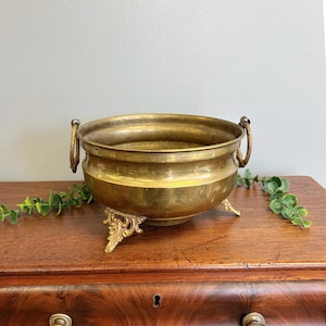 Vintage Brass Jardiniere Planter | Footed Brass Cachepot with Ring Handles | Hollywood Regency Planter Bowl