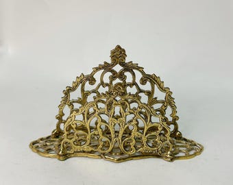Vintage Brass Napkin / Letter Holder,  Art Nouveau Scroll work, Gold Ornate Kitchen Dining, Desk Paperwork Organizer or book holder