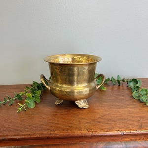 Vintage Solid Brass Cachepot Planter | Footed Brass Jardiniere with Double Handles | English Cottage Decor | Small Planter