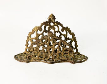 Vintage Brass Napkin / Letter Holder,  Art Nouveau Scroll work, Gold Ornate Kitchen Dining, Desk Paperwork Organizer or book holder
