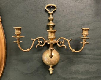 Vintage Pair Brass Wall Sconces Triple Candle Holders Hollywood Regency Gold Wall Candelabra Taper Candle Sconces