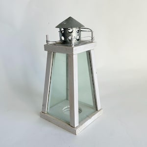 Glass & Wood white candle Lantern -rustic nautical beach Home Decor Accent