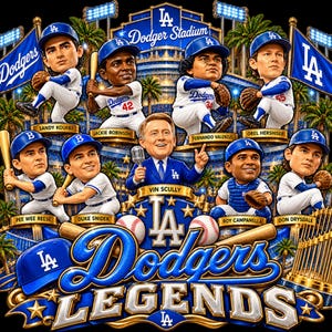 Puede incluir: Una ilustración gráfica que presenta figuras estilo cabezón de jugadores de béisbol de los Dodgers de Los Ángeles y el locutor Vin Scully. El diseño incluye el texto Dodger Stadium, Dodgers y Dodgers Legends, con pelotas, bates y un trofeo.