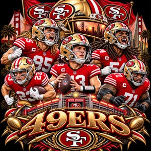 May include: A graphic print featuring five San Francisco 49ers football players in red uniforms and gold helmets, a football stadium, the Golden Gate Bridge, and the text 49ERS. The design includes team logos and a football on a black background.