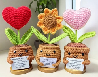 Crochet Tournesol et cœurs Plante en pot - Pot au crochet en forme de cœur, Plante de soutien émotionnel, Décor de fleurs au crochet, Cadeaux d’encouragement