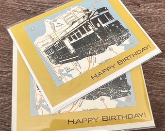 San Francisco Trolley and Map Birthday Card - Gocco Screen-Printed Card