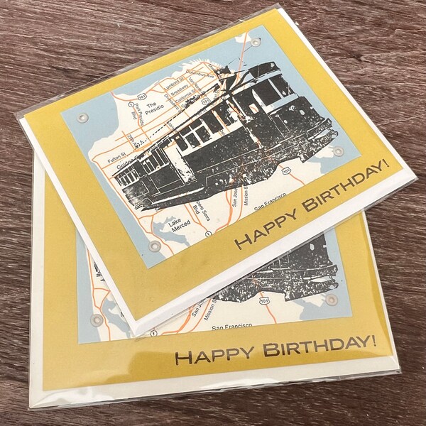 San Francisco Trolley and Map Birthday Card - Gocco Screen-Printed Card