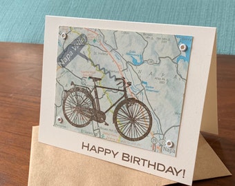 Single fold-over "Napa Map and Bike" screen printed Birthday Card.