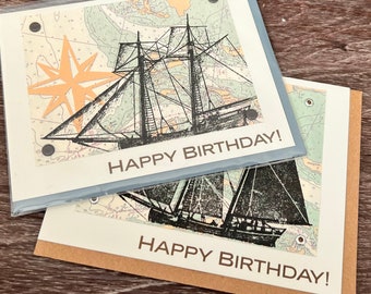 Ship and Nautical Map Screen-Printed Birthday Card