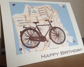San Francisco Map and Bike Birthday Card - Gocco Screen-Printed Card