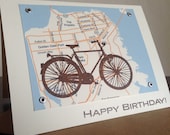 San Francisco Map and Bike Birthday Card - Gocco Screen-Printed Card