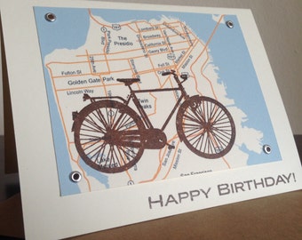 San Francisco Map and Bike Birthday Card - Gocco Screen-Printed Card