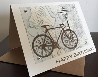 Seattle Map and Bike Birthday Card - Gocco Screen-Printed Card