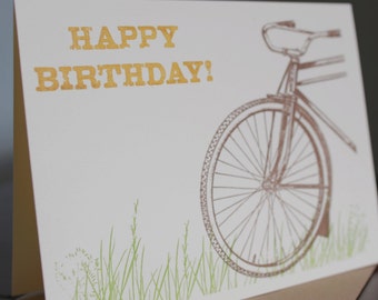 Bike In Grass Birthday - Screen-Printed Gocco Birthday Card