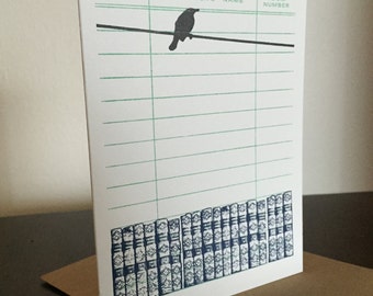 Books and Bird - Letterpress Printed Greeting Card