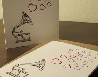 Record Player and Hearts Cards - Letterpress Printed Card 12-Pack