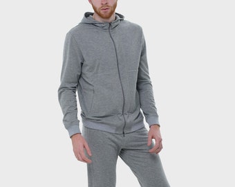 traje deportivo de hombre, ajuste regular, sudadera con capucha y cremallera, ropa de calle, traje gris, bolsillos ribeteados, costuras decorativas, ropa de hombre, estilo casual