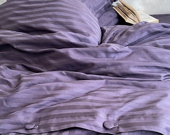 Parure de lit en coton à rayures / en textile pour chambre / taies d'oreiller / housse de couette / drap de lit / taille UE / satin de coton de qualité