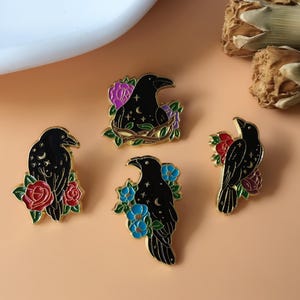 Crow and Flower Enamel Pin | Cute Pin Badge | Lapel Pin | Collar Pin | Funny Enamel Pin Set | Gift for Her Him