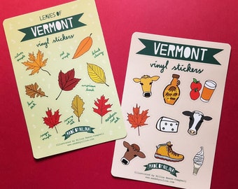 Vermont Vinyl Sticker Sheet - Icons Leaves Maple Syrup, Dairy Cow, Sugar Maple Leaf, Apple Cider Cheese Maple Creemee Souvenir Stickers