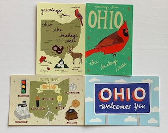 Ohio Postcard Set - 4 State Symbols Cardinal Birds Road sign Inventions Map Souvenir Postcards