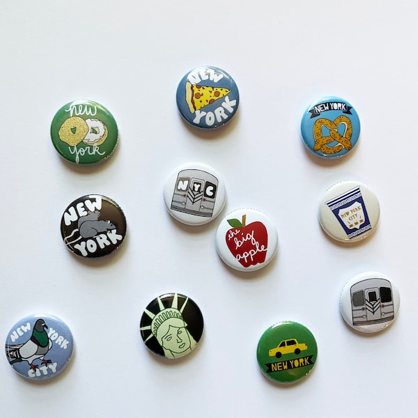 New York 1 inch Button Pin - NY, NYC Souvenir Badge, Statue of Liberty, Empire State Building, Big Apple Yellow Taxi Cab Subway Pigeon