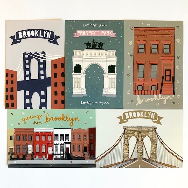 Brooklyn Postcard Set - 5 BK NY New York City NYC Souvenir Postcards - Prospect Park Bridge Brownstone Brownstones