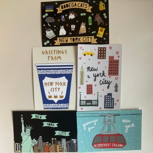 NY Postcard Set - 5 New York City NYC Bodega Cat, Greek Coffee Cup Pizza Rat, Brooklyn, Manhattan, Queens, Bronx, Harlem, Souvenir Postcards