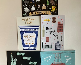 NY Postcard Set - 5 New York City NYC Bodega Cat, Greek Coffee Cup Pizza Rat, Brooklyn, Manhattan, Queens, Bronx, Harlem, Souvenir Postcards