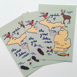 Michigan Postcard Set - 3 State Symbols Souvenir Great Lakes Postcards