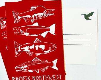 Ensemble de cartes postales saumon du nord-ouest du Pacifique - 3 Oregon, Washington PNW Fish River Ocean Stream Nature Outdoors Papeterie souvenir