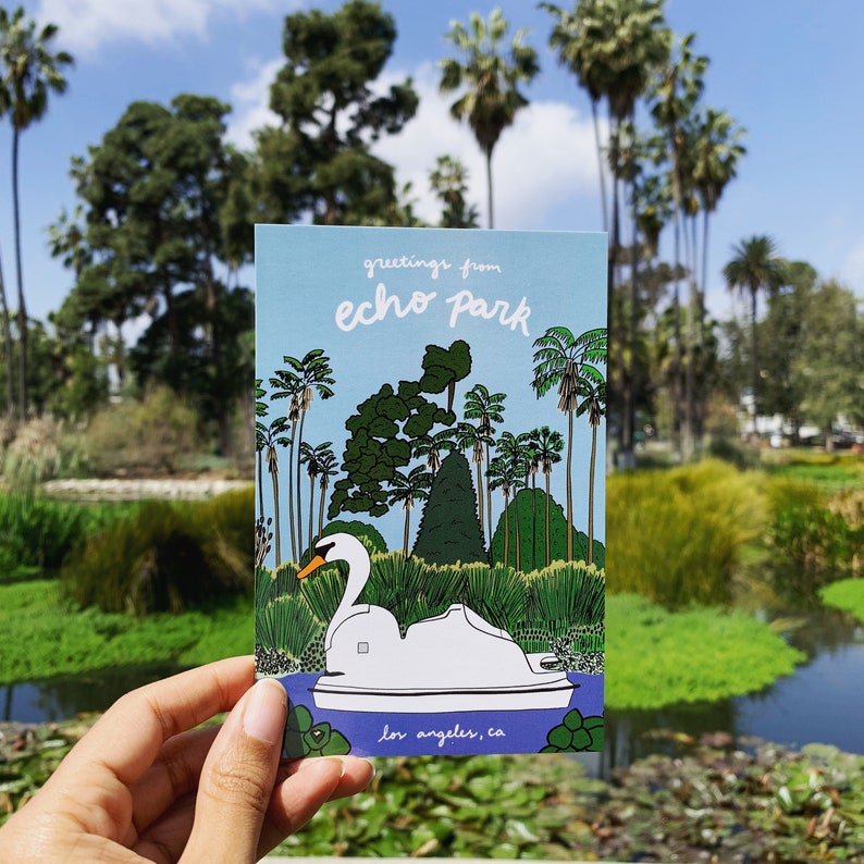 Echo Park Lake Postcard Set 3 Los Angeles LA California Souvenir Postcards Swan Boat Lotus Flowers Fountain image 2