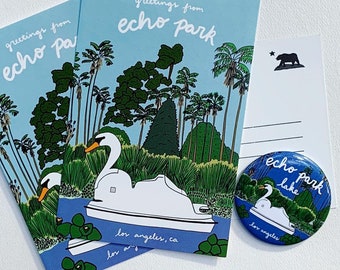 Echo Park Lake Postcard Set - 3 Los Angeles LA California Souvenir Postcards - Swan Boat Lotus Flowers Fountain