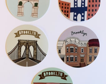 Brooklyn Vinyl Sticker - Circular BK Brownstone Prospect Park Arch Manhattan Bridge NYC New York City NY Decal