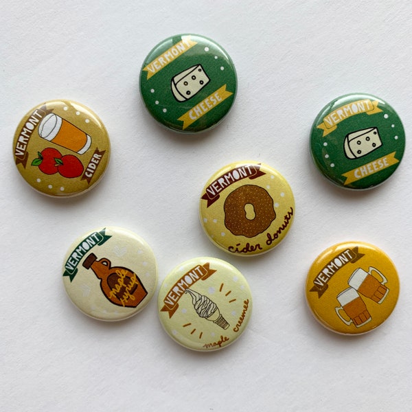 Vermont Food Drink Buttons - Cider Donut Maple Creemee Cheese Beer Syrup New England Pin Pinback Souvenir Souvenirs