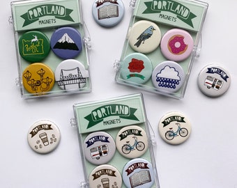 Portland Magnet Set - 4 PDX OR Oregon Souvenir Magnets - Bike, Coffee, Mt Hood, Donut, Bird, Rain