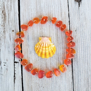Sunset Orange Cultured Sea Glass Crocheted Anklet, Hippie Beachy Boho Summer Anklet, Mermaid Beach Jewelry, Handmade Gift for Best Friend