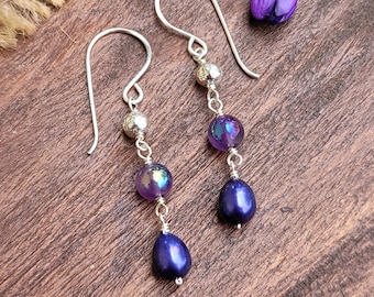 Long Drop Purple Pearl and Amethyst Earrings with Silver Lava Stone ~  Winter Sparkle Handmade Boho Jewelry ~ Gift for Women Made in Hawaii