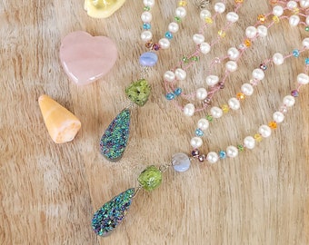 Rainbow Crystal and White Pearl with Druzy and Raw Green Garnet Silk Knotted Necklace ~ Whimsical Y2K Jewelry ~ Gift from Hawaii for Women