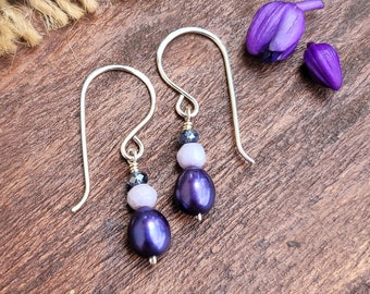 Midnight Violet Purple Pearl and Lavender Opal Stone Earrings with Sterling Silver, Handmade Boho Jewelry, Gift for Women Made in Hawaii