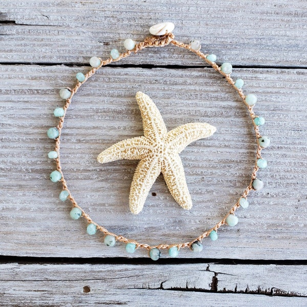 Beachy Light Blue Green Hippie Ankle Bracelet, Aqua Kiwi Jasper and Silverite Beaded Crochet Anklet, Jewelry made in Hawaii, Gift for Her