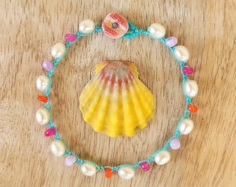 Colorful Kawaii Beaded Crochet Bracelet with White Pearls and Colorful Dyed Gems, Unique Beach Boho Jewelry, Gift for Best Friend, Y2K