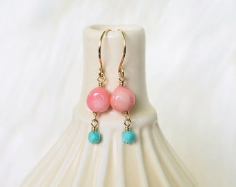 Cute Summer Beach Boho Dangle Earrings ~ Pink Coral Nuggets and Faceted Amazonite  ~ Handmade Jewelry ~  Gift for Women Made in Hawaii
